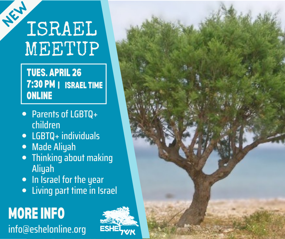 New! Israel Meetup | Tues. April 26 7:30 pm Israel Time Online | Parents of LGBTQ+ children, LGBTQ+ Individuals, Made aliyah, Thinking about making aliyah, In Israel for the year, Living part time in Israel | More info: info@eshelonline.org